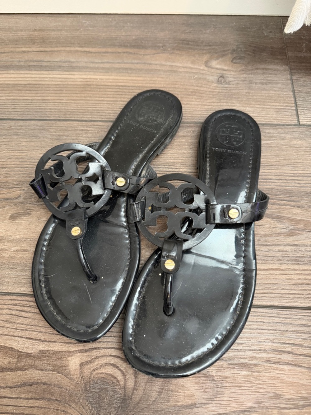 Tory Burch Black Patent Miller Logo Thong Sandals